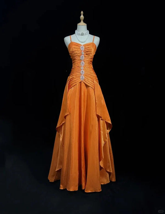 Orange Beaded Long Vintage Satin Prom Gown Evening Gown Graduation Dress nv4398