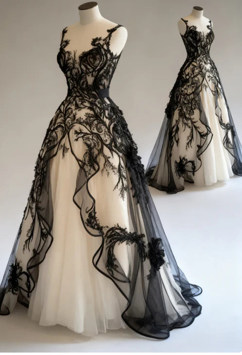 Robe gothique sans manches en tulle et dentelle à panneaux noirs et blancs NiceVestidos NV6201