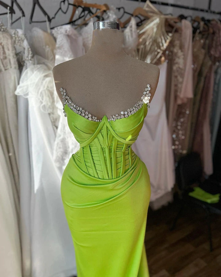 Green Shiny Fashion Elegant Spaghetti Strap Sleeveless Long Satin Floor Length Ball Gown Evening Dress Party Dress nv3720