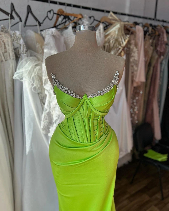 Green Shiny Fashion Elegant Spaghetti Strap Sleeveless Long Satin Floor Length Ball Gown Evening Dress Party Dress nv3720
