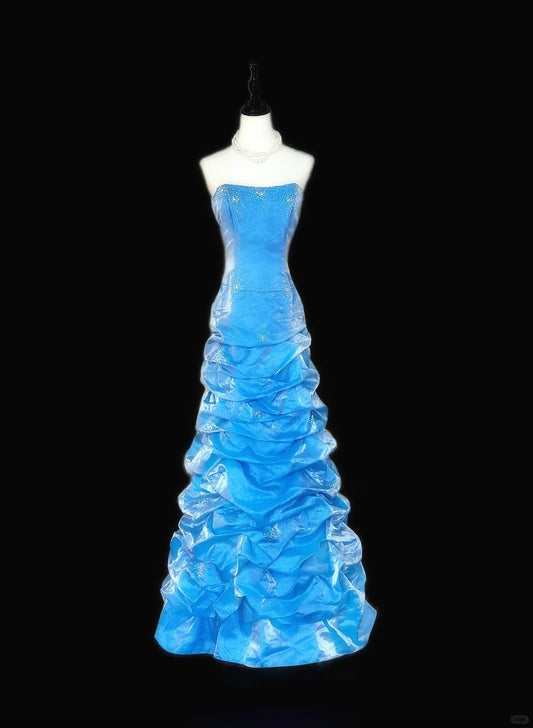 Blue Gorgeous Elegant Beautiful Exquisite Beaded Long Floor Length Satin Ball Gown Evening Dress Party Dress Prom Dress nv3983
