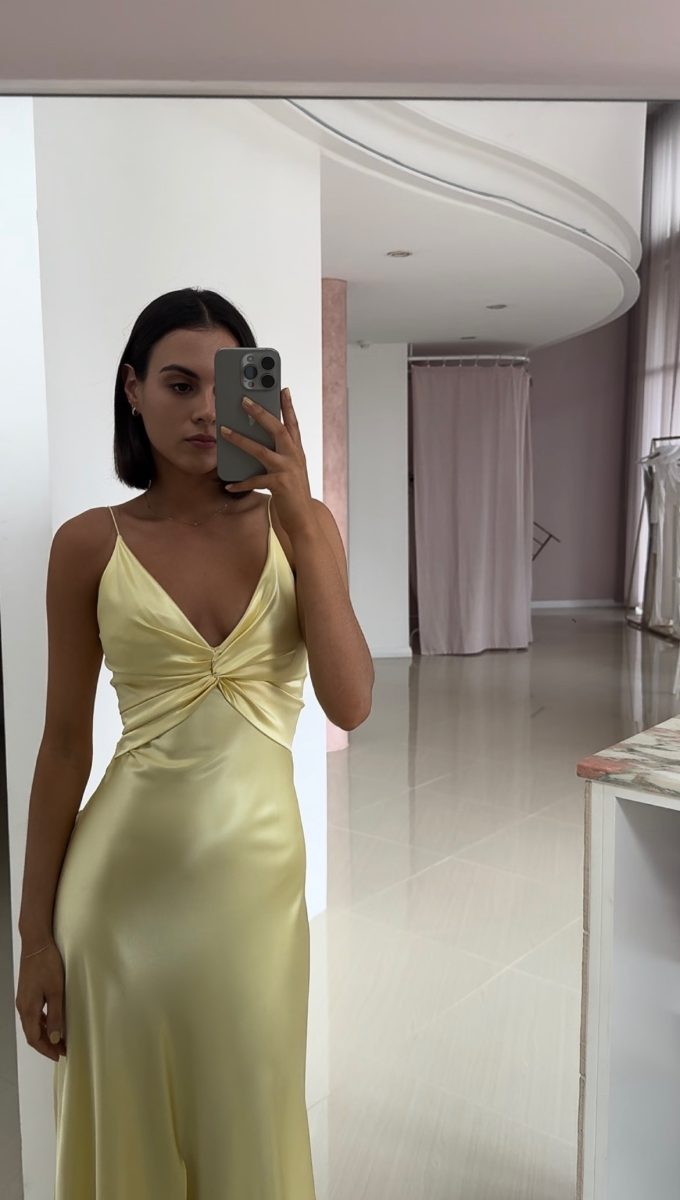 Yellow Fashion Elegant Satin Backless Long Spaghetti Straps Evening Gown Prom Dress nv1667