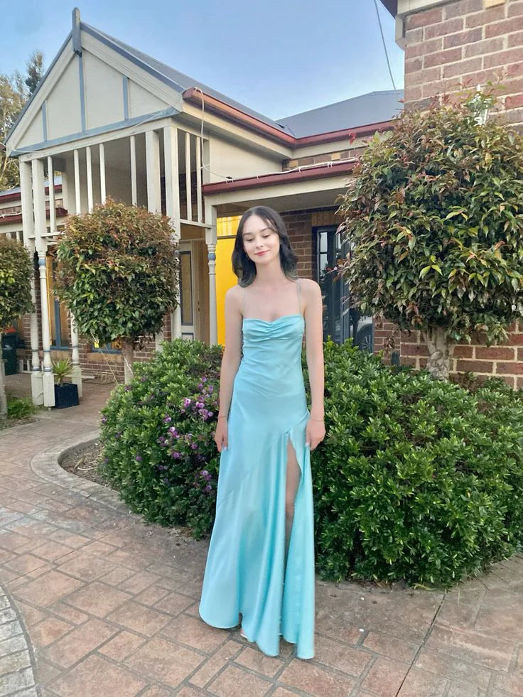 Blue simple elegant spaghetti straps long side slits slim fit ball gown evening dress party dress nv1640