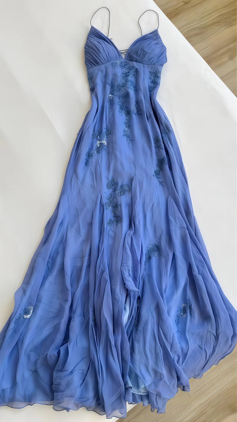 Blue/Purple/Burgundy Fashion Elegant Spaghetti Strap Applique Fairy Long Chiffon Ball Gown Evening Gown Party Dress nv3775