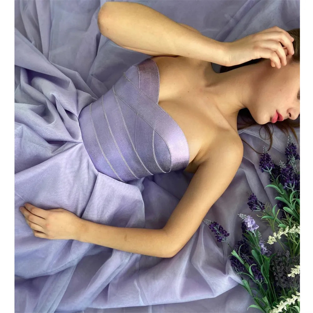 Satin Lavender Sweetheart Evening Prom Dress A LIne Tulle Party Gowns Ankle Length graduation robes nv1635