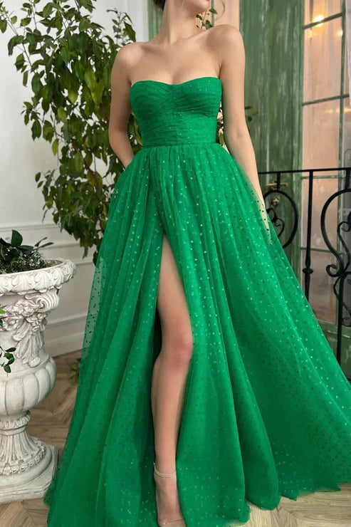 Trendy Green A-line Strapless Sweetheart Sequined Tulle Prom Gown nv1642