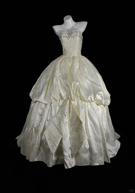 Ivory White Gorgeous Colored Rhinestone Long Satin Ball Gown Evening Dress Wedding Dress Banquet Dress nv4568