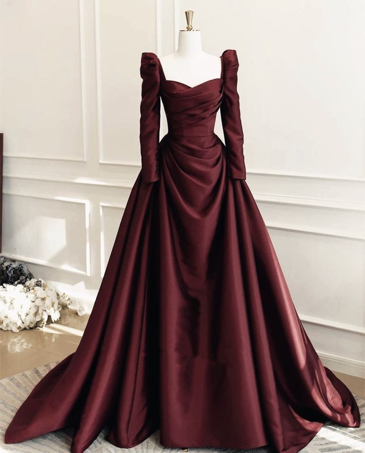 NiceVestidos - Robe de bal longue en satin bordeaux à manches longues NV6062