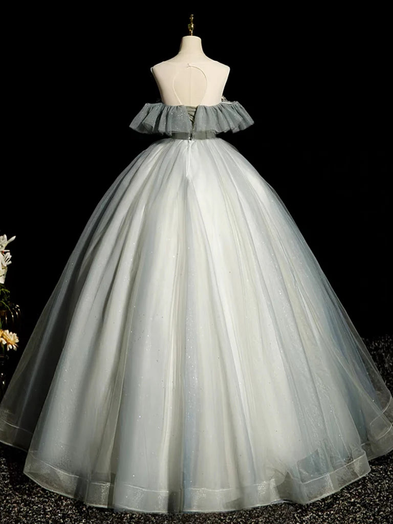 A-Line Round Neck Tulle Gray Blue Long Prom Dress, Tulle Sequin Lace Long Evening Dress nv1495