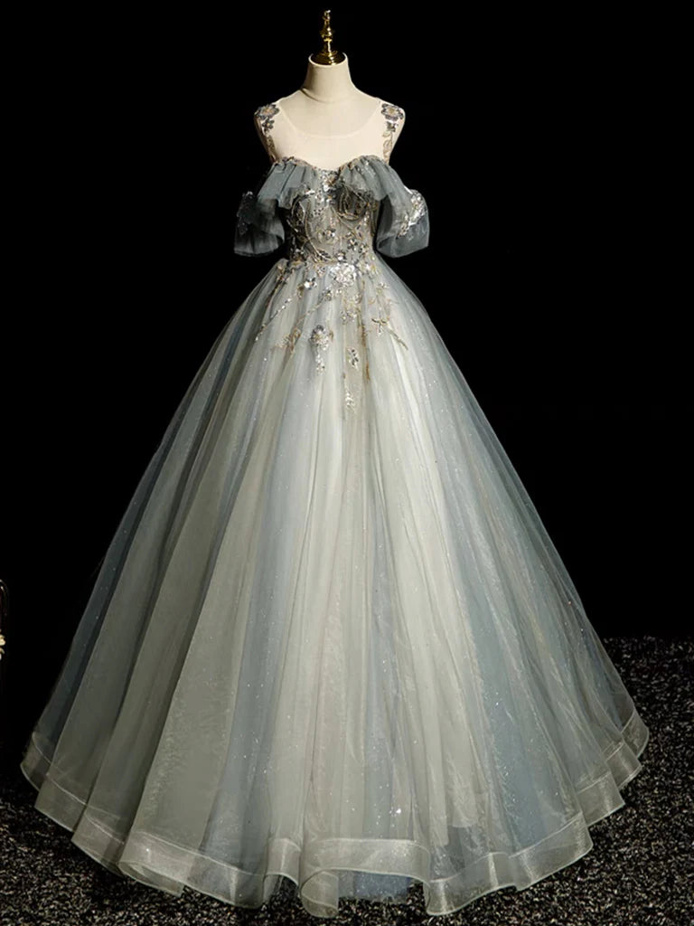 A-Line Round Neck Tulle Gray Blue Long Prom Dress, Tulle Sequin Lace Long Evening Dress nv1495