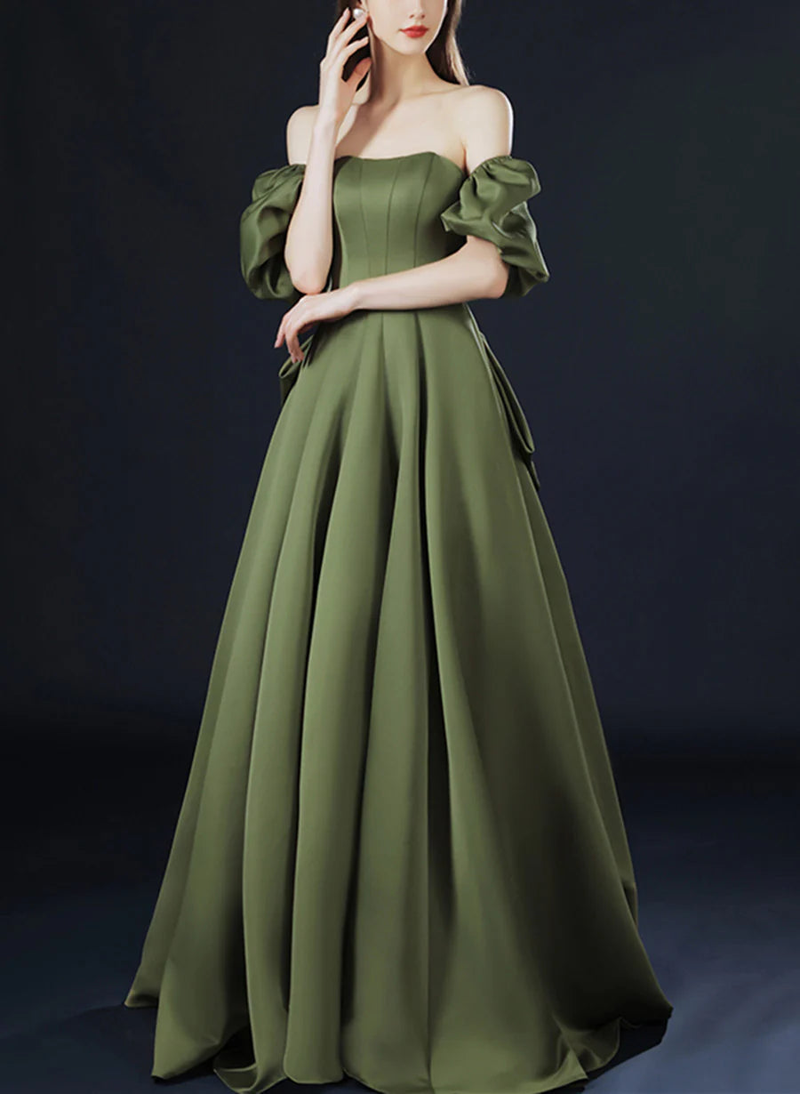 Robe de soirée vintage vert olive, ligne A, épaules dénudées, manches courtes, satin uni, dos bas, nœud, traîne, longue, robe de bal, robe de soirée nv2566