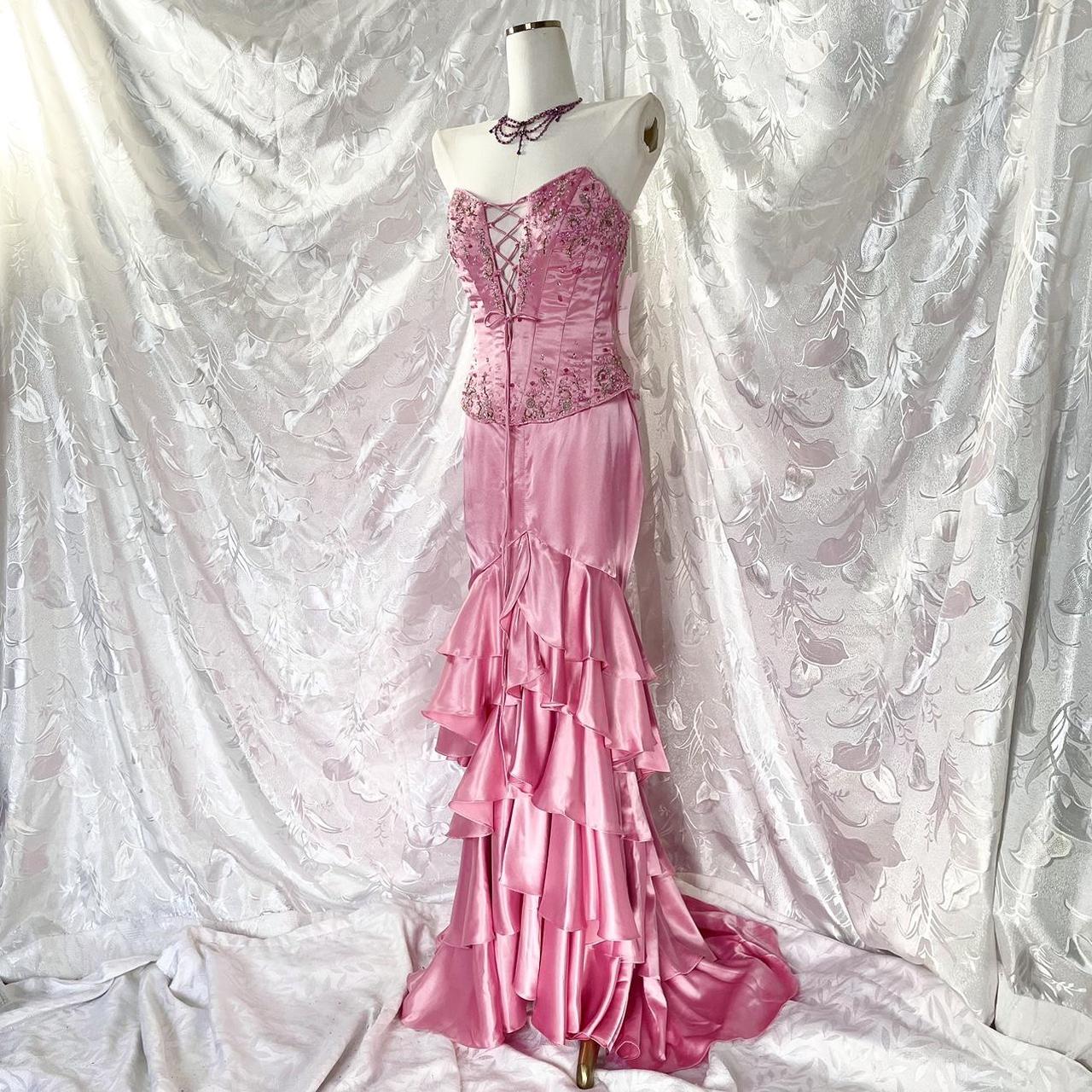 💘Pink exquisite beaded long ruffled satin fairy dress prom dress nv5414