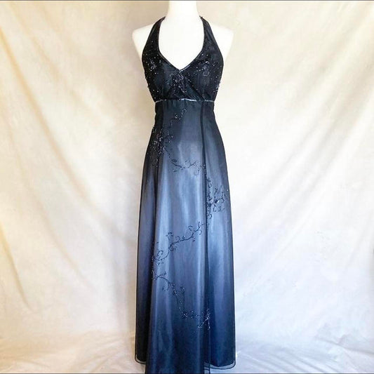 ✨Glitter Ball Gown Gorgeous Vintage Long Gradient Black Blue Silver Satin Beaded Floral Ball Gown Evening Dress Party Dress nv4240