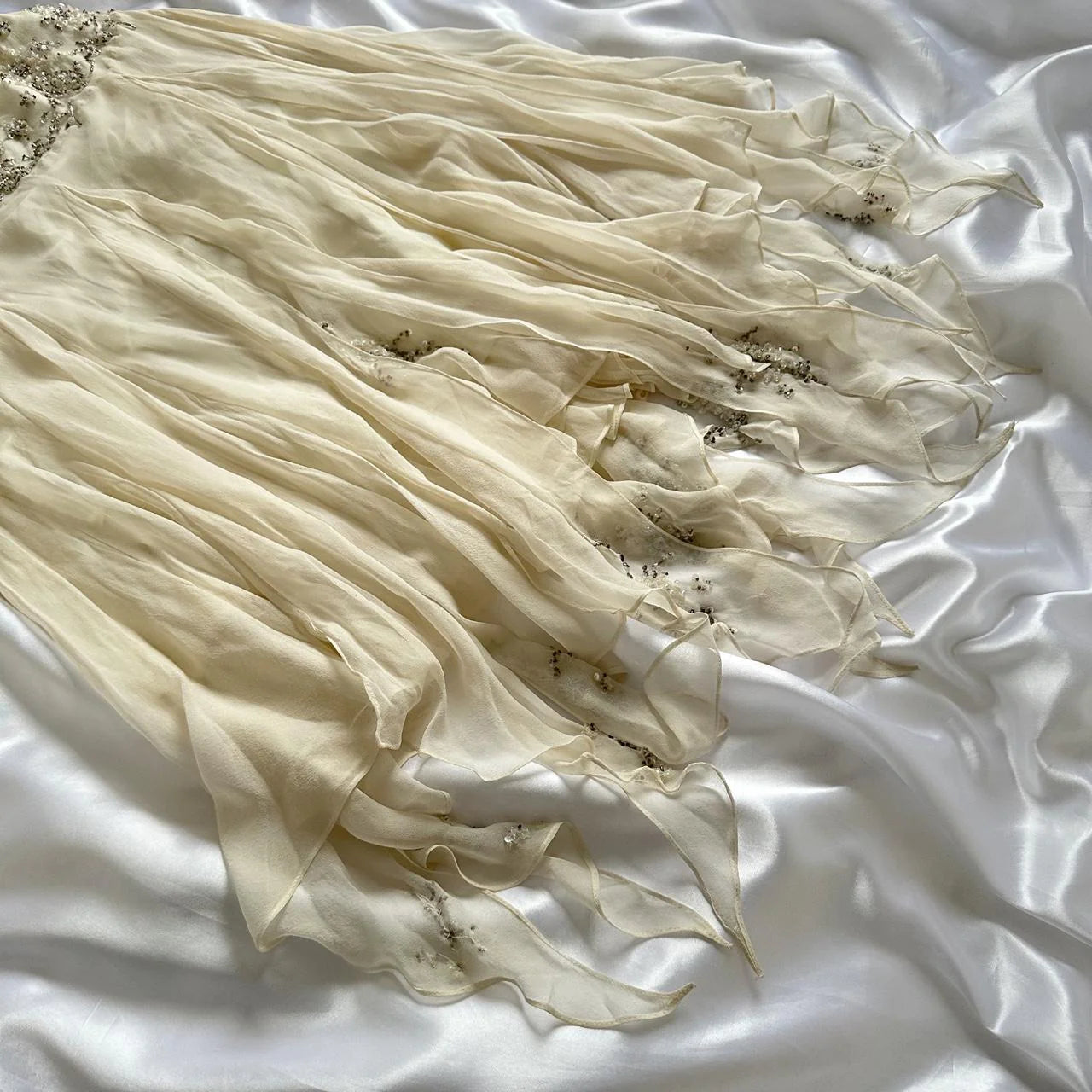 Ivory Beaded Long Chiffon Dress Party Dress Ruffled Evening Dress Ball Gown nv4579