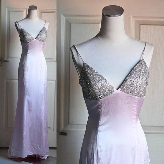 🌸 Light pink vintage y2k flirty lolita charm satin beaded sequins back tie back ball gown evening dress party dress nv4407