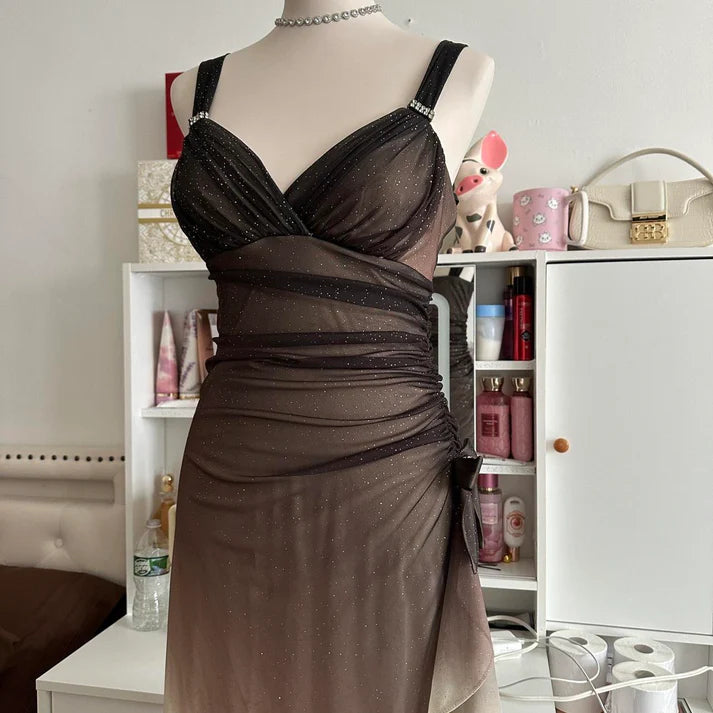 Brown and cream fashionable gradient beautiful unique glitter maxi dress vintage elegant long chiffon tulle ball gown evening dress party dress prom dress nv4249