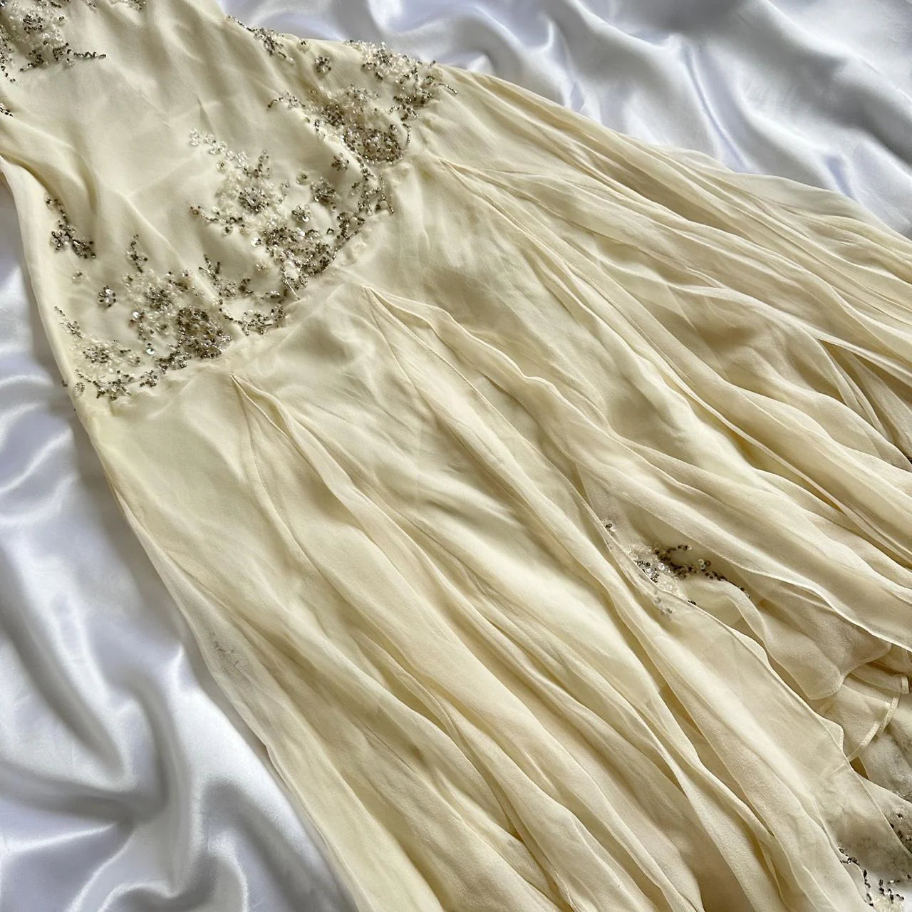 Ivory Beaded Long Chiffon Dress Party Dress Ruffled Evening Dress Ball Gown nv4579