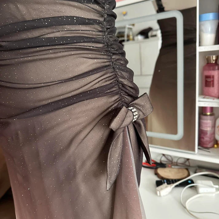 Brown and cream fashionable gradient beautiful unique glitter maxi dress vintage elegant long chiffon tulle ball gown evening dress party dress prom dress nv4249
