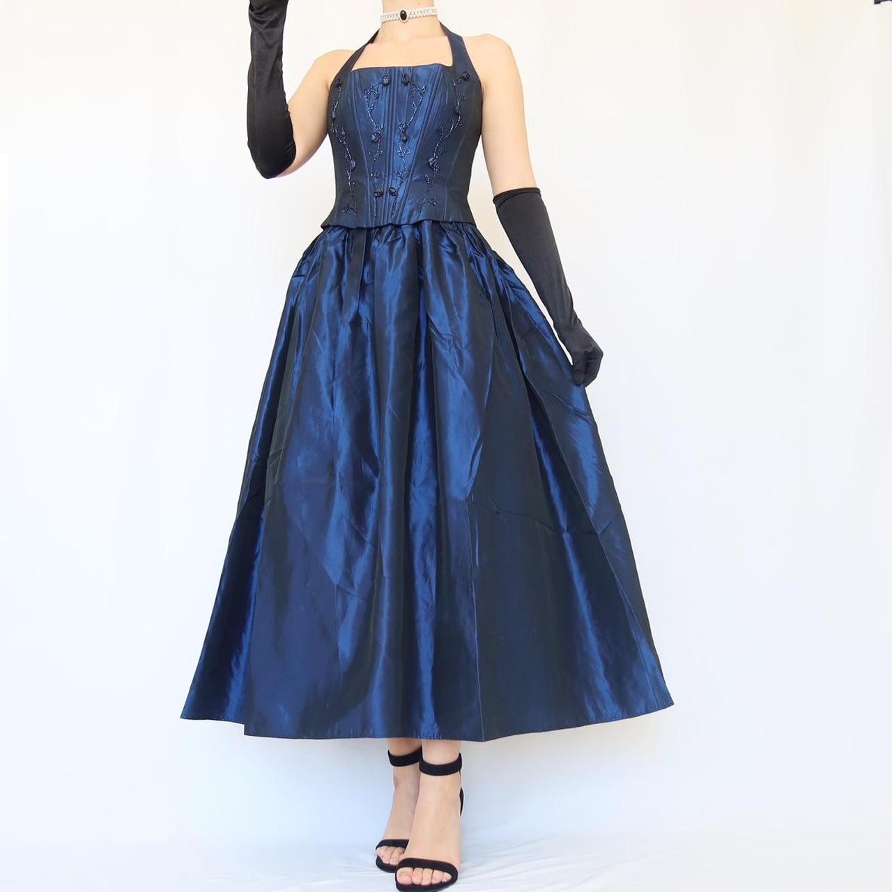 Blue Vintage Elegant Delicate Floral Beading Square Neck Halter Long Satin Fairy Ball Gown Evening Dress Birthday Party Dress Prom Dress nv4002