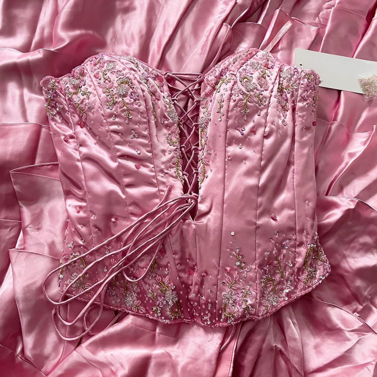 💘Pink exquisite beaded long ruffled satin fairy dress prom dress nv5414