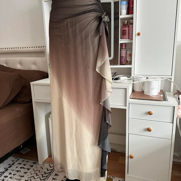 Brown and cream fashionable gradient beautiful unique glitter maxi dress vintage elegant long chiffon tulle ball gown evening dress party dress prom dress nv4249