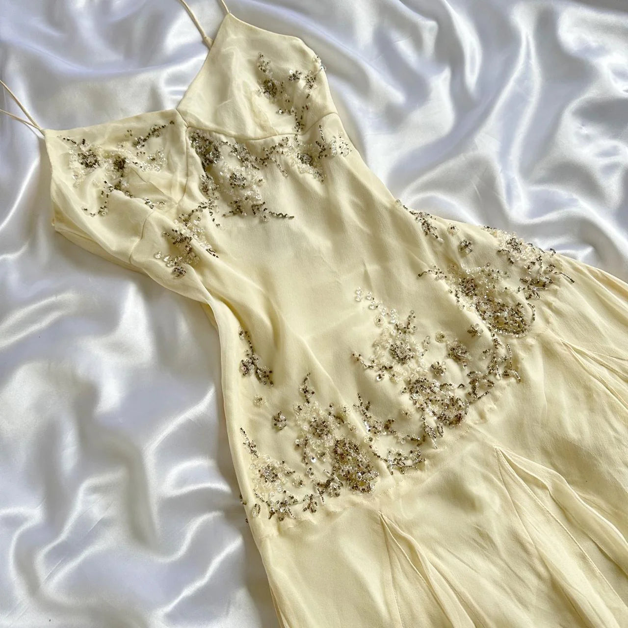 Ivory Beaded Long Chiffon Dress Party Dress Ruffled Evening Dress Ball Gown nv4579