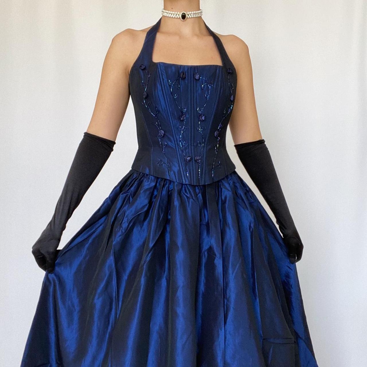Blue Vintage Elegant Delicate Floral Beading Square Neck Halter Long Satin Fairy Ball Gown Evening Dress Birthday Party Dress Prom Dress nv4002
