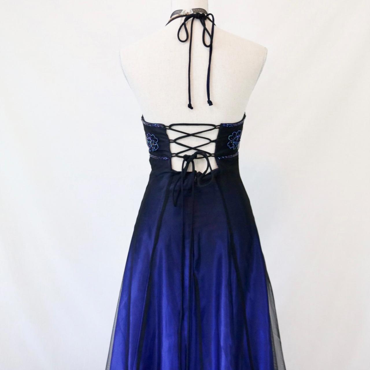 🥀 Vintage Dark Blue Glitter Ombre Beaded Long Tulle Ball Gown Evening Dress Party Dress nv4980