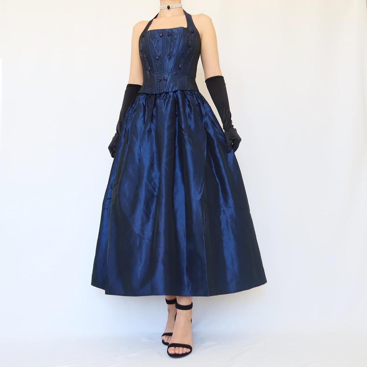 Blue Vintage Elegant Delicate Floral Beading Square Neck Halter Long Satin Fairy Ball Gown Evening Dress Birthday Party Dress Prom Dress nv4002