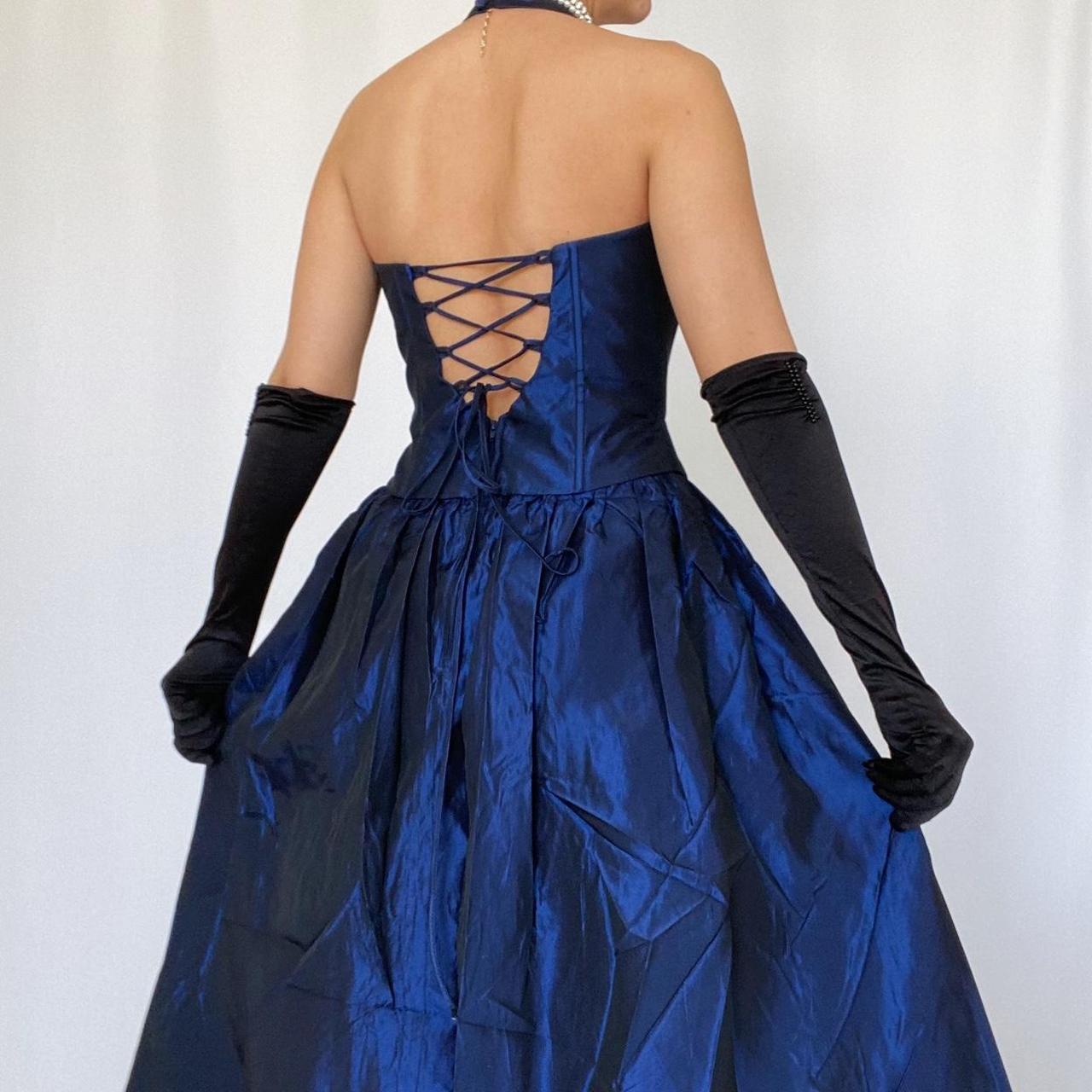 Blue Vintage Elegant Delicate Floral Beading Square Neck Halter Long Satin Fairy Ball Gown Evening Dress Birthday Party Dress Prom Dress nv4002