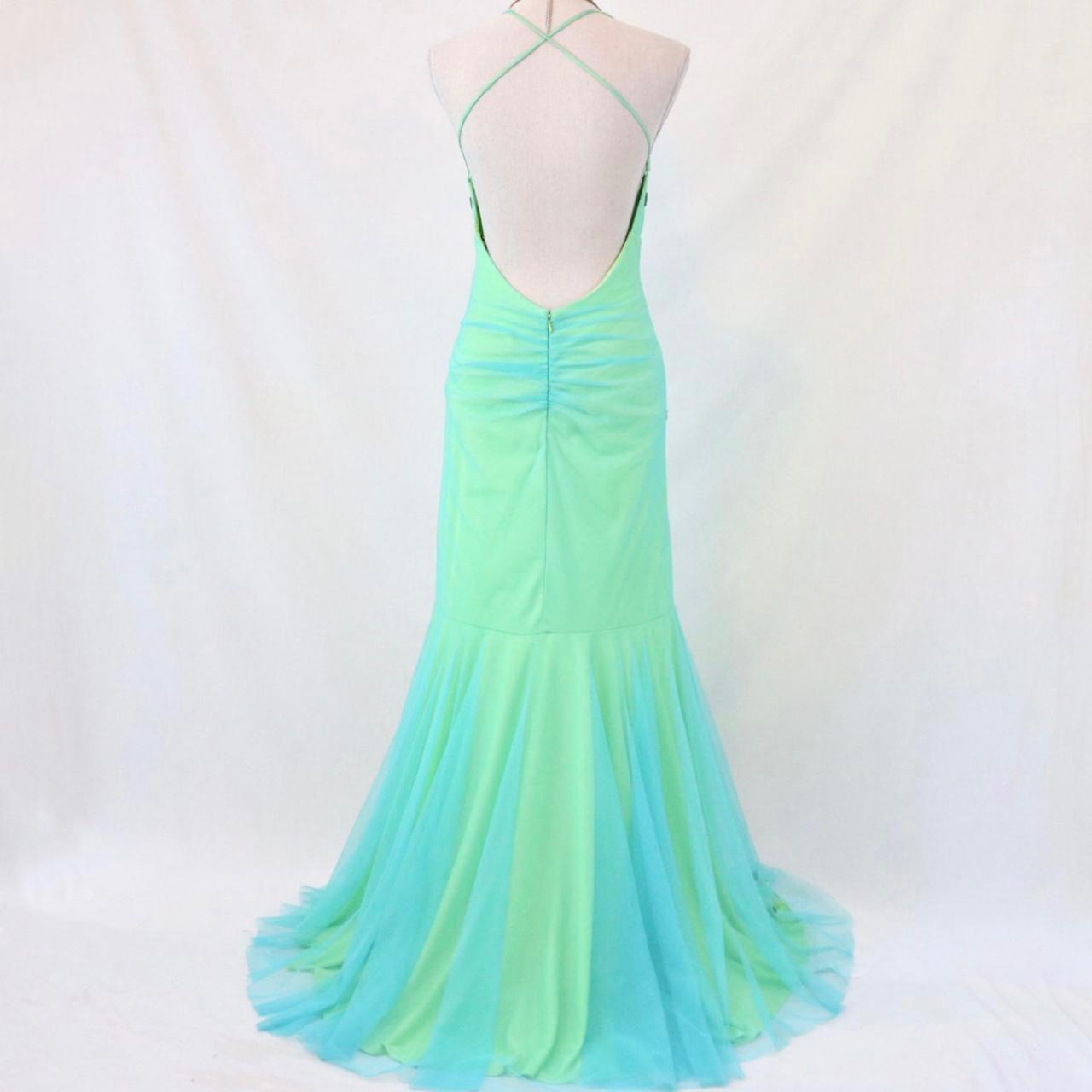 💚Vintage Unique Green Beaded Long Mermaid Tulle Formal Prom Dress nv4988