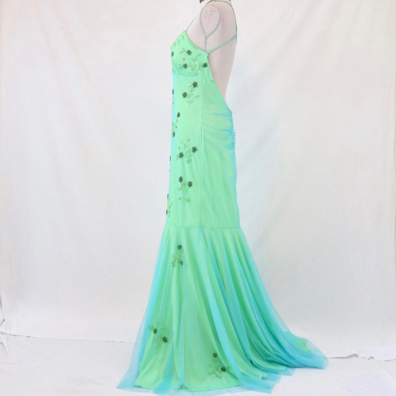 💚Vintage Unique Green Beaded Long Mermaid Tulle Formal Prom Dress nv4988