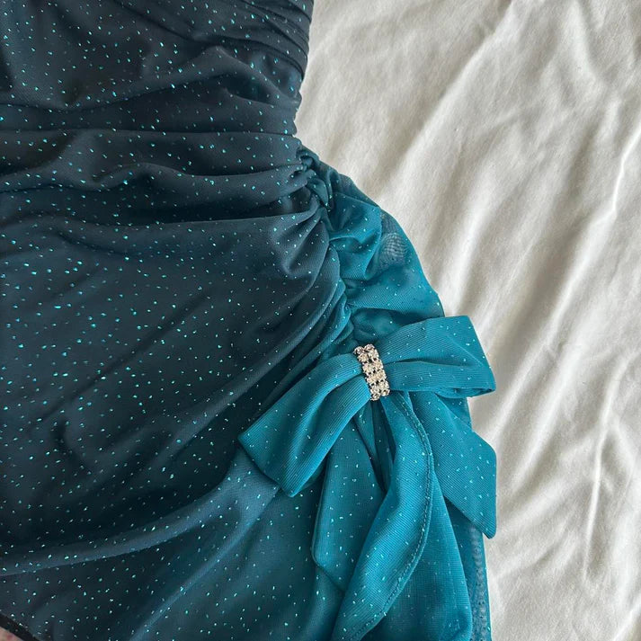 Turquoise Gradient Retro Fashion Sparkling Stunning Flowing One Shoulder Elegant Exquisite Rhinestone Long Chiffon Ball Gown Evening Gown Birthday Party Gown Prom Gown Graduation Gown nv4251