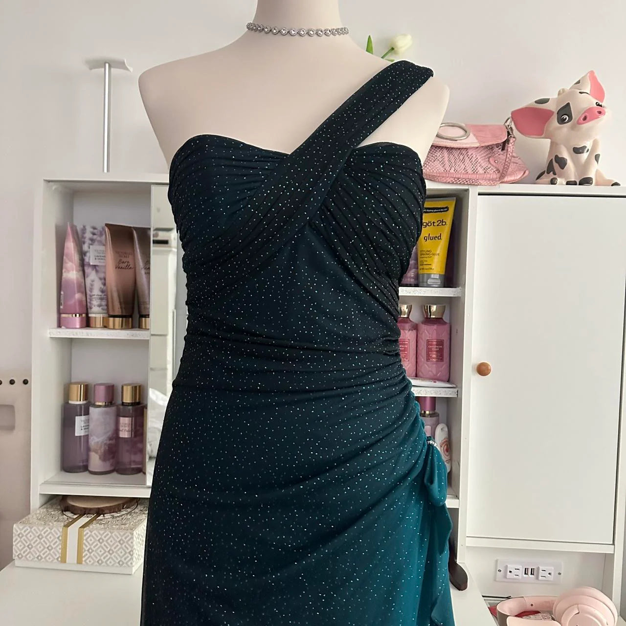 Turquoise Gradient Retro Fashion Sparkling Stunning Flowing One Shoulder Elegant Exquisite Rhinestone Long Chiffon Ball Gown Evening Gown Birthday Party Gown Prom Gown Graduation Gown nv4251
