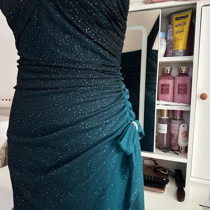 Turquoise Gradient Retro Fashion Sparkling Stunning Flowing One Shoulder Elegant Exquisite Rhinestone Long Chiffon Ball Gown Evening Gown Birthday Party Gown Prom Gown Graduation Gown nv4251