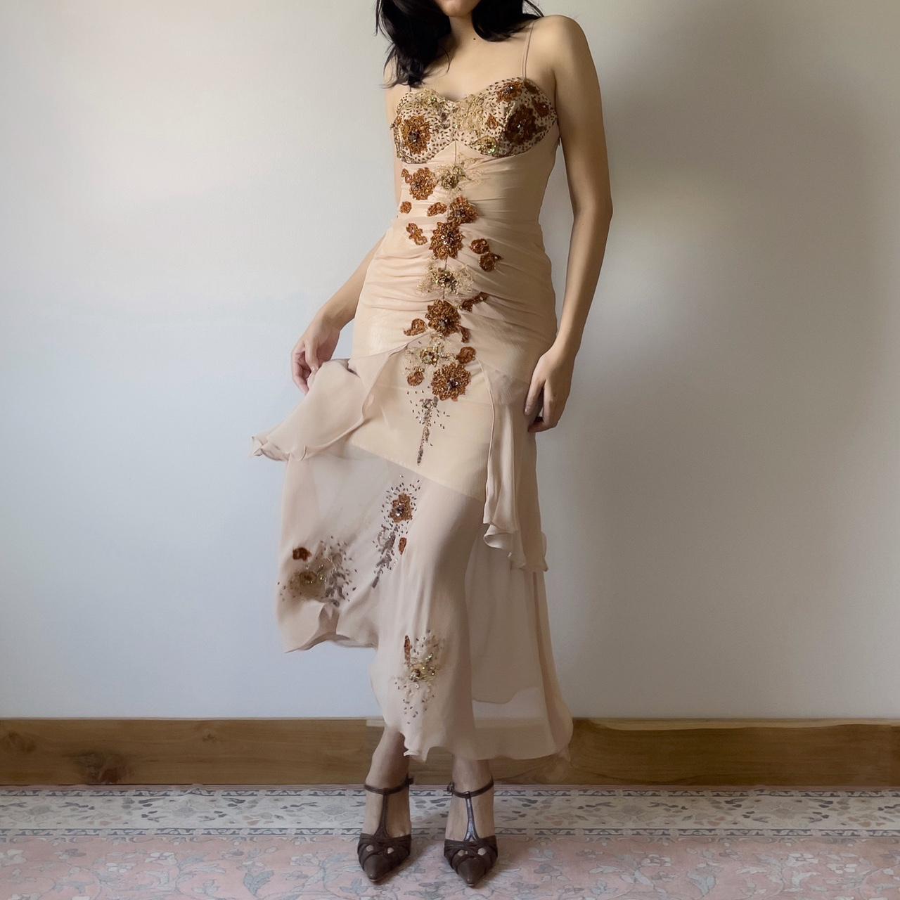 Romantic light brown hand-beaded floral chiffon prom dress nv5363