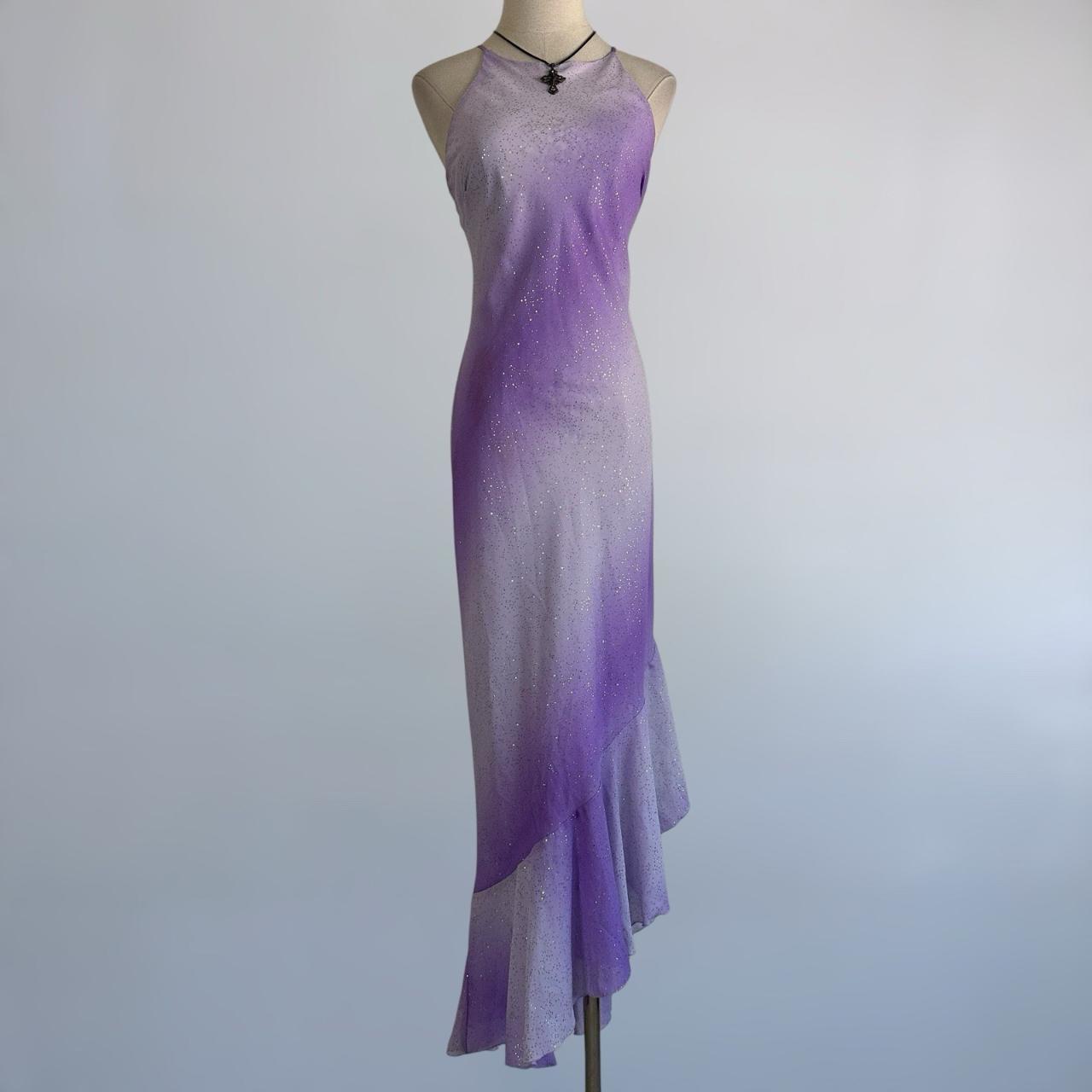 Robe sirène asymétrique sans manches à sequins dégradés violet-gris, dos nu, sans manches, longueur au sol NV6179