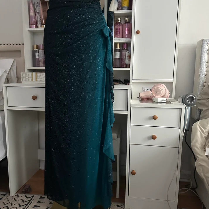 Turquoise Gradient Retro Fashion Sparkling Stunning Flowing One Shoulder Elegant Exquisite Rhinestone Long Chiffon Ball Gown Evening Gown Birthday Party Gown Prom Gown Graduation Gown nv4251