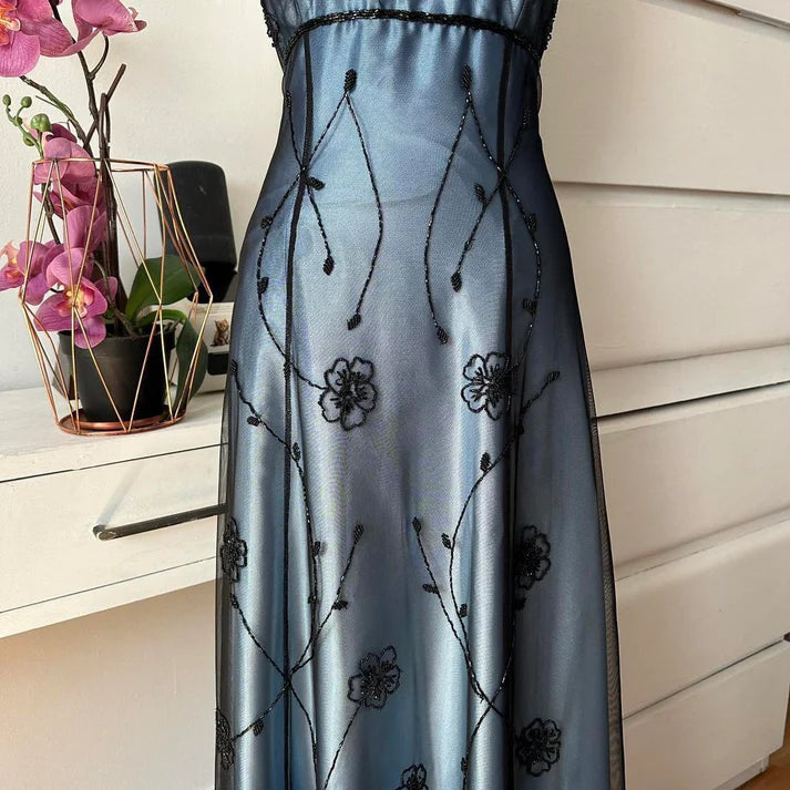Blue Gorgeous Vintage Elegant Exquisite Beaded Suspender Long Tulle Ball Gown Evening Gown Party Dress Prom Gown nv4247