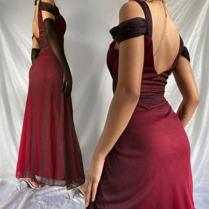 Burgundy Shiny Elegant Off Shoulder Ruffles Fashion Elegant Long Chiffon Prom Dress Evening Gown Party Dress nv4149