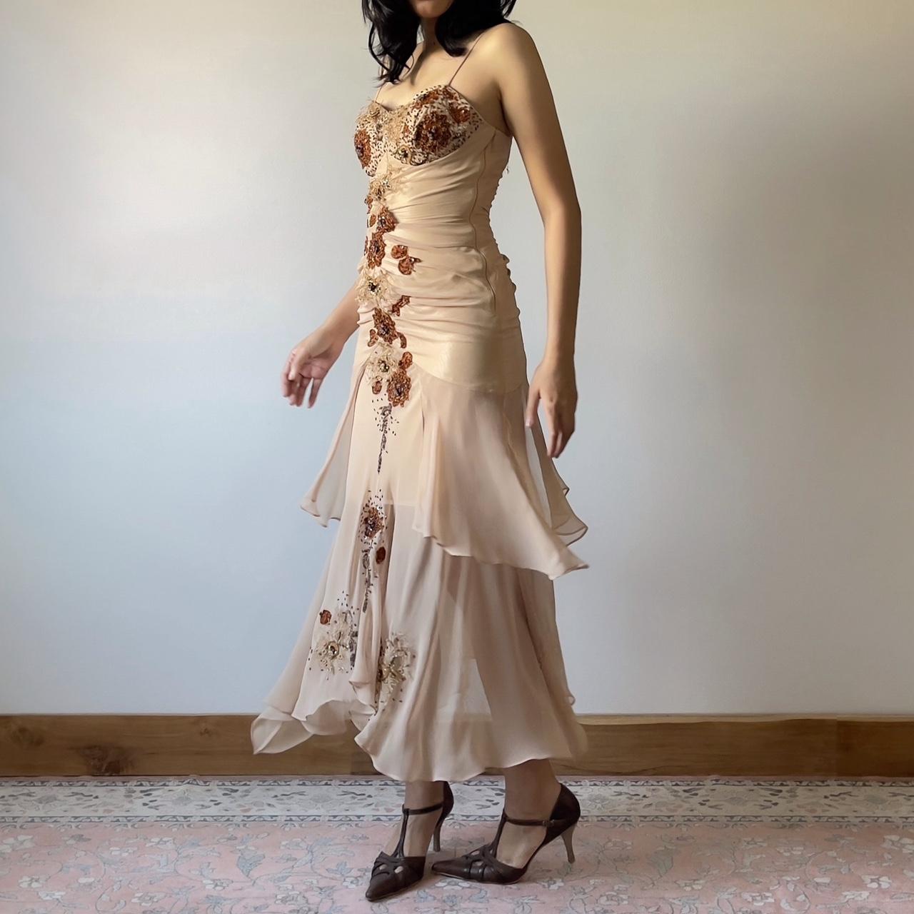 Romantic light brown hand-beaded floral chiffon prom dress nv5363