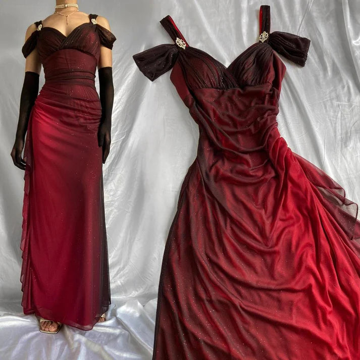 Burgundy Shiny Elegant Off Shoulder Ruffles Fashion Elegant Long Chiffon Prom Dress Evening Gown Party Dress nv4149