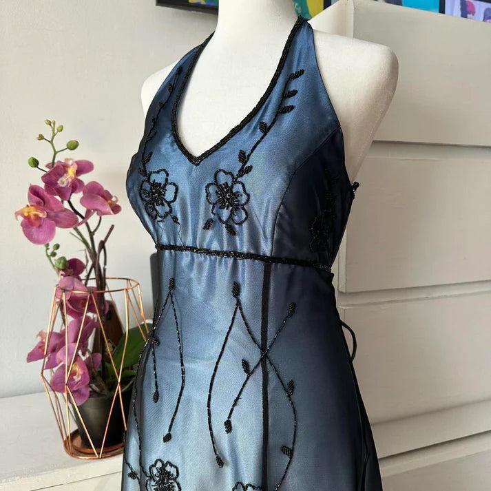 Blue Gorgeous Vintage Elegant Exquisite Beaded Suspender Long Tulle Ball Gown Evening Gown Party Dress Prom Gown nv4247