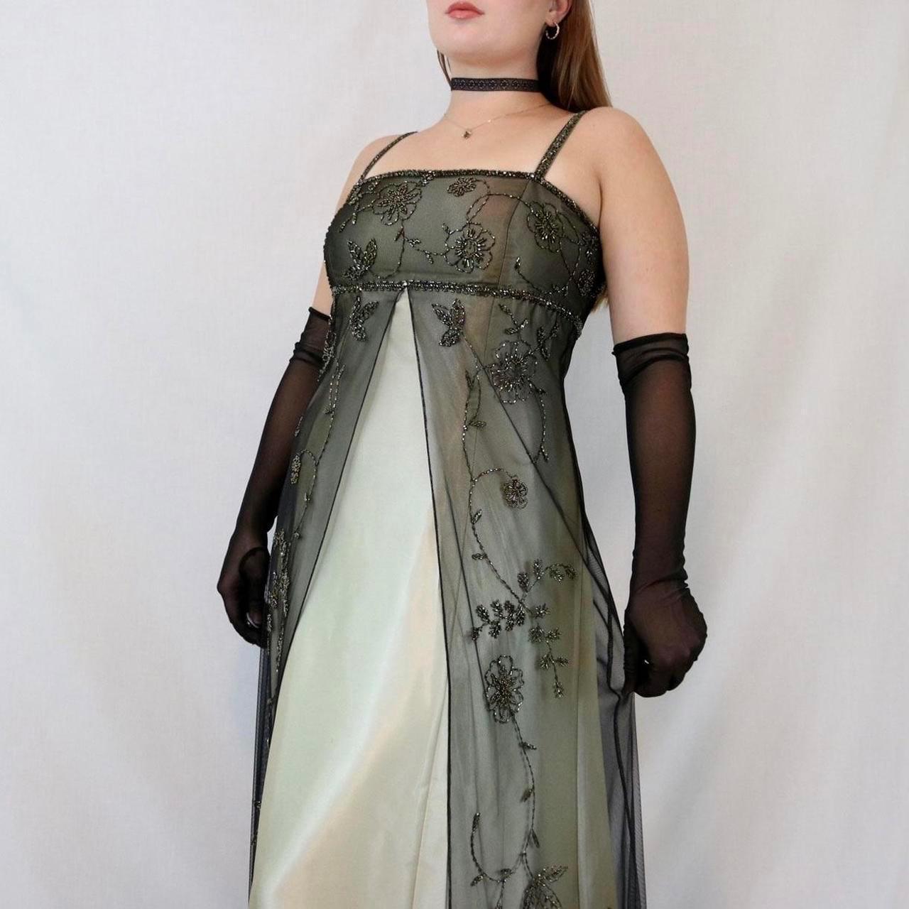 ✨ Empire Dress Vintage Green and Gold Floral Glitter Ombre Beaded High Waist Long Tulle Formal Prom Dress Evening Gown Party Dress nv4982