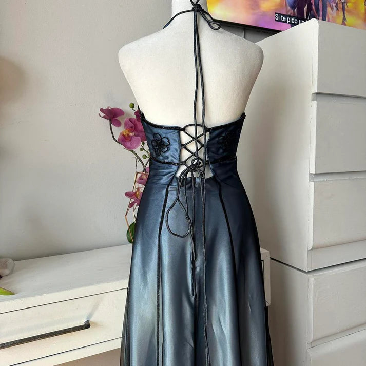 Blue Gorgeous Vintage Elegant Exquisite Beaded Suspender Long Tulle Ball Gown Evening Gown Party Dress Prom Gown nv4247