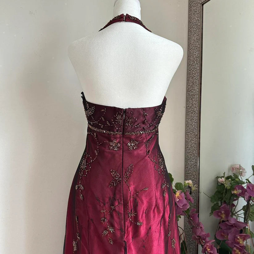 Burgundy Gorgeous Exquisite Beading Elegant Strap Long Satin Tulle Ball Gown Evening Dress Party Dress nv3974