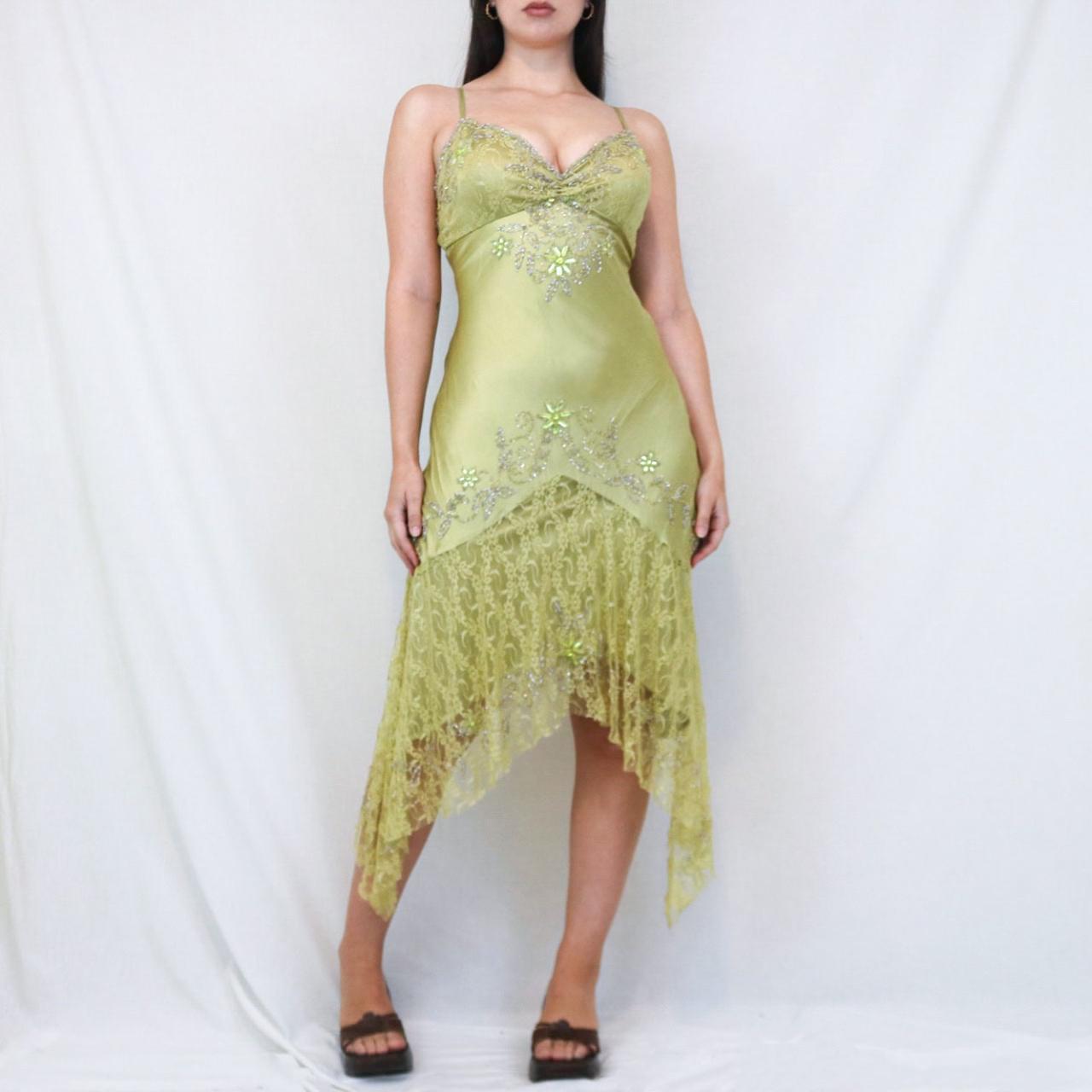 ✨💚Vintage Beaded Chartreuse Fairy Long Lace Mini Formal Homecoming Dress Birthday Party Dress nv4990
