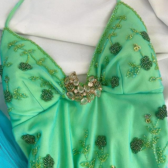 Blue Green Forest Moonlight Goddess Backless Mermaid Style Beading Elegant Long Chiffon Birthday Dress Prom Dress Party Dress Homecoming Dress nv4531