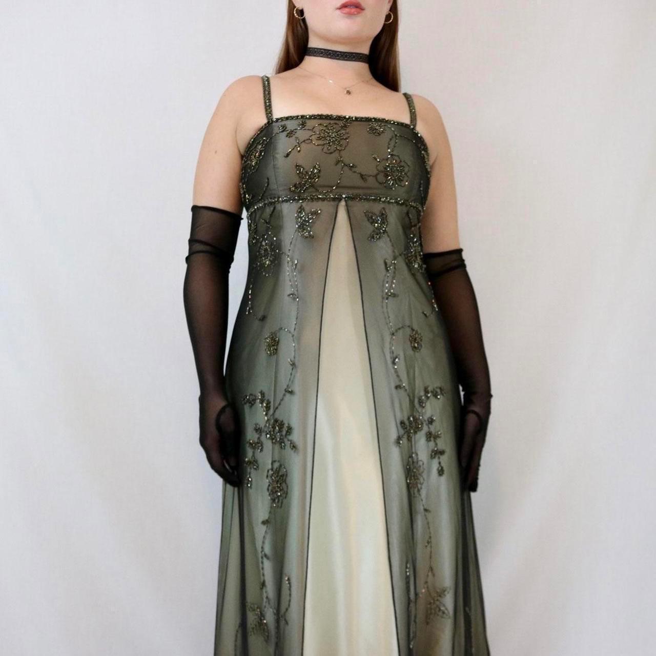 ✨ Empire Dress Vintage Green and Gold Floral Glitter Ombre Beaded High Waist Long Tulle Formal Prom Dress Evening Gown Party Dress nv4982