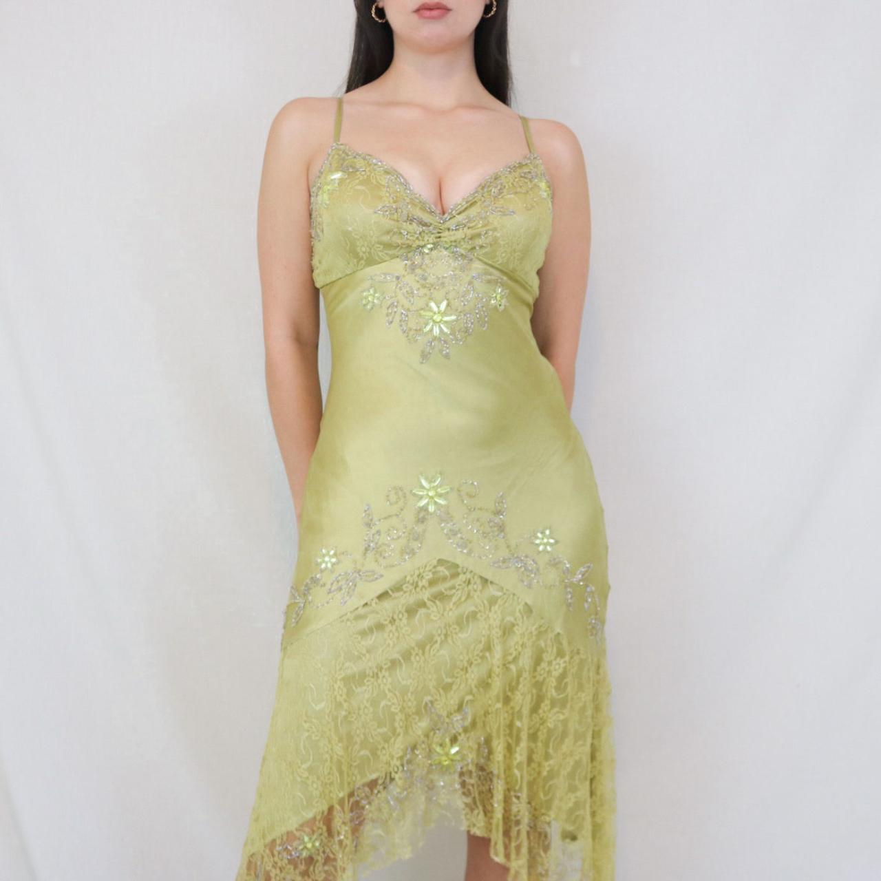 ✨💚Vintage Beaded Chartreuse Fairy Long Lace Mini Formal Homecoming Dress Birthday Party Dress nv4990